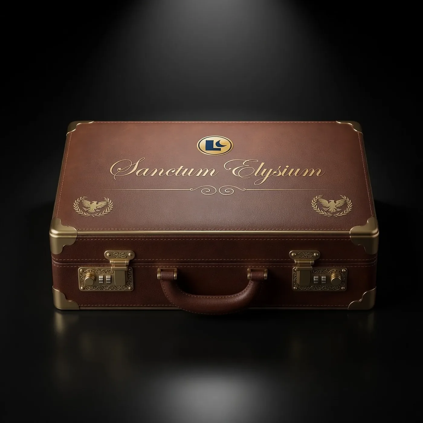 The Local AI Memory briefcase, closed: brown leather, brass corners, two combination locks, Sanctum Elysium engraved in gold on the lid.