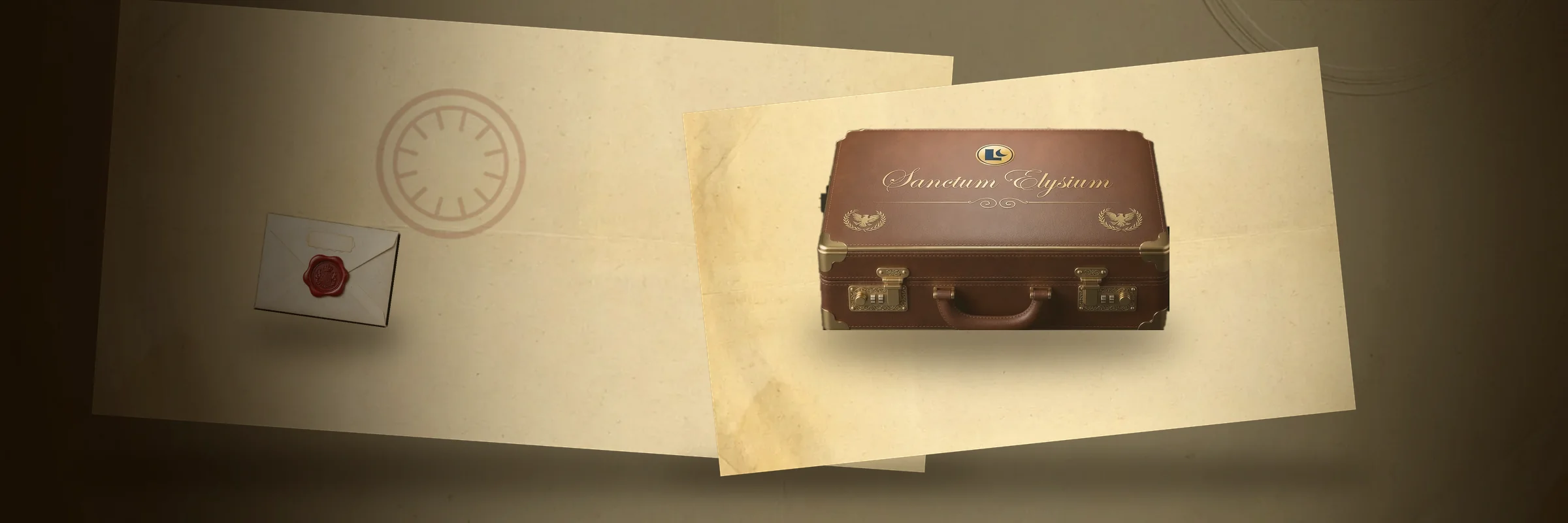 The Local AI Memory briefcase, closed, resting on aged customs paperwork beside a wax-sealed envelope.